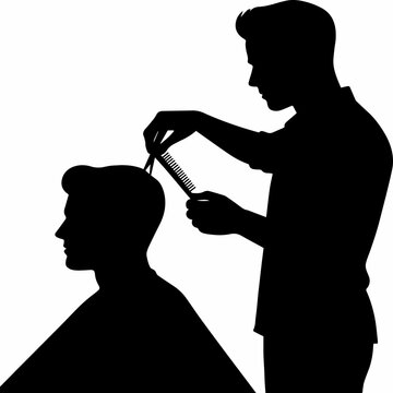 black and white sillhouette of a barbar hair cutting isolated white background