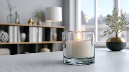 Lit candle in glass jar on white table blurred bookshelf background burning