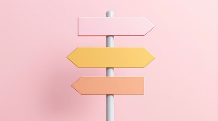 A pastel colored signpost with three directional arrows against a pink background in a studio shot