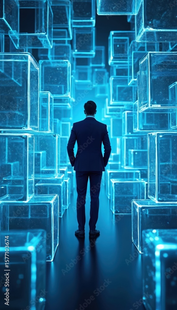 Poster man stands in blue suit in center of room filled with countless blocks of size, color arranged in en