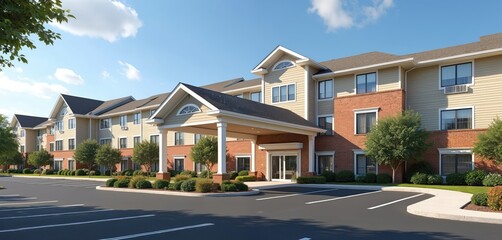 Senior retirement community with apartment-style living. Large brick hotel building with brown roof and white windows. Tree-lined street and parking lot outside.