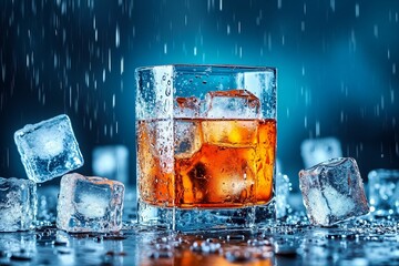 A glass of whiskey with ice cubes in the rain