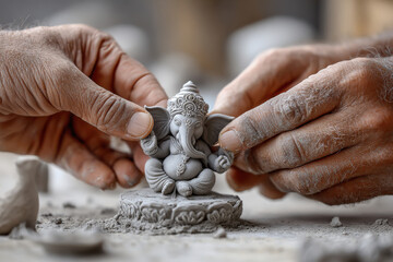 close up of hands holding lord ganesha statue
