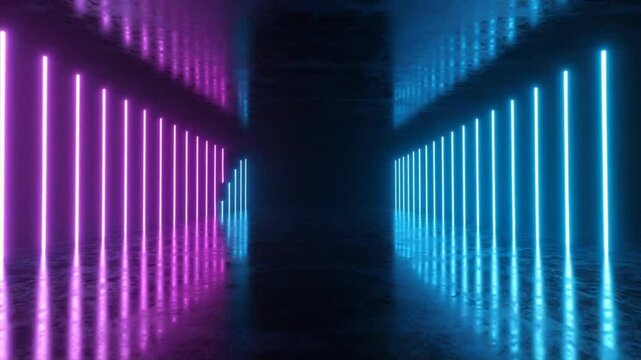 Neon Glow: Abstract Purple  Blue Light Tunnel Dynamic Reflections 3D Animation.