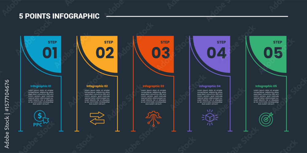 Poster 5 stage infographic process diagram with creative container box with circle part as header with dark