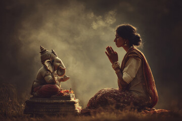 young indian woman doing pooja lord ganesha