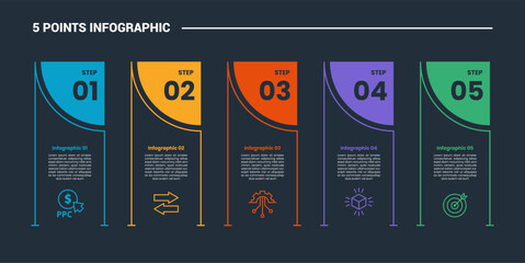 5 stage infographic process diagram with creative container box with circle part as header with dark background bright outline style