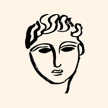 Head of Apollo with curly hair and a Greek-style face in black ink on a light beige background, hand drawn vector illustration