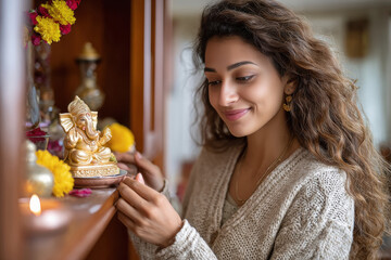 young indian woman doing pooja lord ganesha