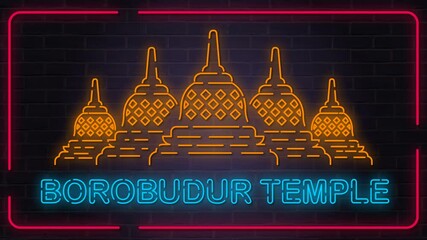 Looping 4K animation of Borobudur Temple in glowing orange neon lights on a dark brick wall. A vibrant, modern tribute to Indonesia’s iconic Buddhist heritage site.