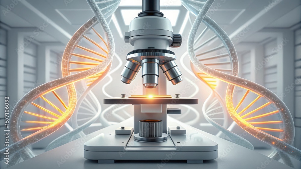 Poster advanced lab scene with glowing dna strands and microscope focus