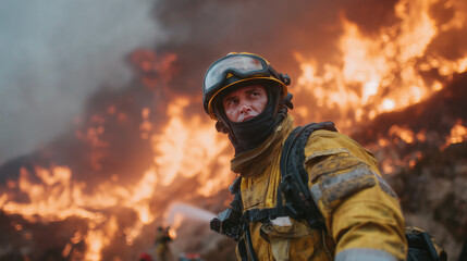 Naklejka premium Firefighter in helmet and mask surveys burning structure from beside truck, smoke clouding the scene, water hoses blasting from background, chaos and courage captured in every deta
