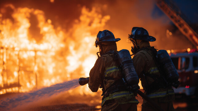 Front view of two firefighters controlling the hose nozzle together, stream of water arcing into bright orange flames, partial view of fire truck and ladder in background, adrenali