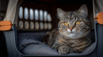 Tabby catâs golden eyes shine through vent holes of orange-and-beige pet carrier, relaxed demeanor visible inside, scene evoking readiness for a vet visit or a safe journey