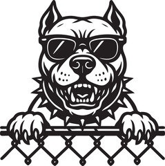 Obraz premium Cool Pitbull Dog with Sunglasses Hanging on a Chain Link Fence Black and White Illustration