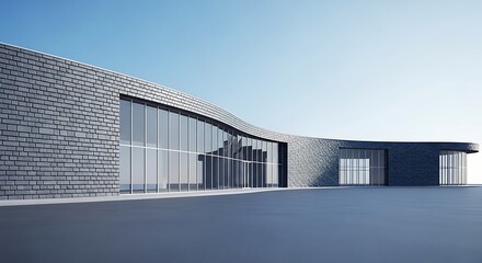 Obraz premium Modern curved building with large glass windows under clear sky