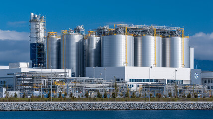 Industrial cryogenic facility featuring tall silver tanks storing cryogenic gases, massive gasholders and an array of horizontal and vertical pipelines, all sharply outlined agains
