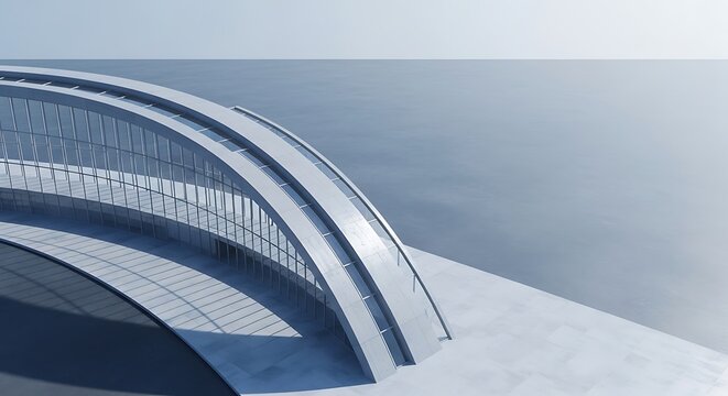 Modern curved architectural structure by the sea with large glass windows