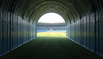 Large stadium with empty blue roof. Perspective from entrance, looking out onto field. Spectators visible in foreground. Athletes, fans, action await in sports arena. Stadium ready for rugby football