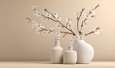 In front of a light brown background, white clay pots, plain bottles and cherry blossom branches match, simple and elegant, suitable for home and decoration materials