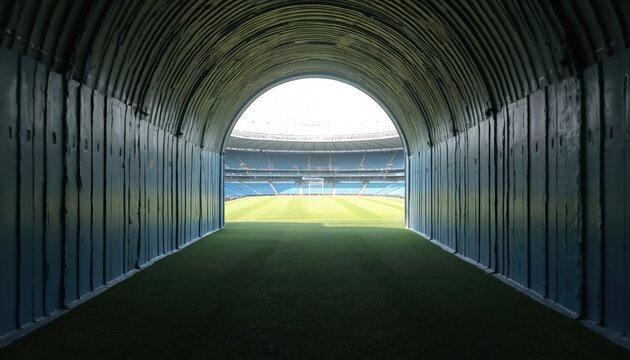 Large stadium with empty blue roof. Perspective from entrance, looking out onto field. Spectators visible in foreground. Athletes, fans, action await in sports arena. Stadium ready for rugby football