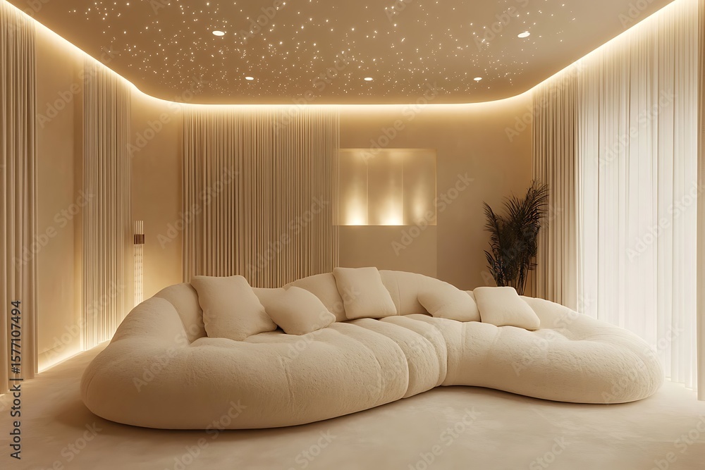 Poster marshmallow-style ivory sofa with puffy sections, resting under soft diffused ceiling lighting