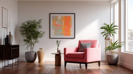 Modern living room interior pink armchair plants abstract art home decor