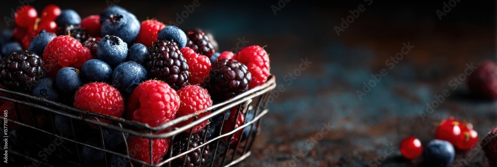 Poster assorted berries in a basket on a dark contrasting surface with upper zone light highlighting the fr