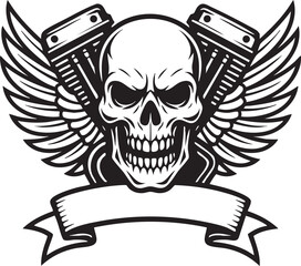 Monochrome Skull with Wings and Pistons Graphic Design for Biker Gang or Motorcycle Club Logo