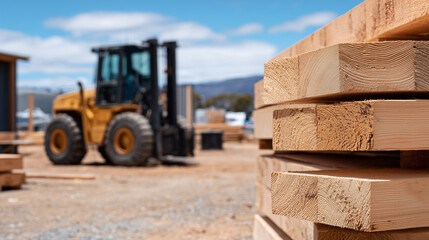 Obraz premium Close-up of stacked pine lumber boards with clean cut edges, wood grain visible, construction site blurred in background