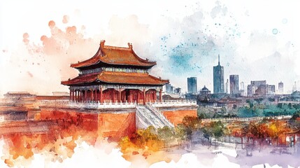 Obraz premium Beijing's Ancient Gate and Modern Skyline Watercolor - Ancient architecture, modern city, cultural blend, artistic watercolor, Chinese heritage.