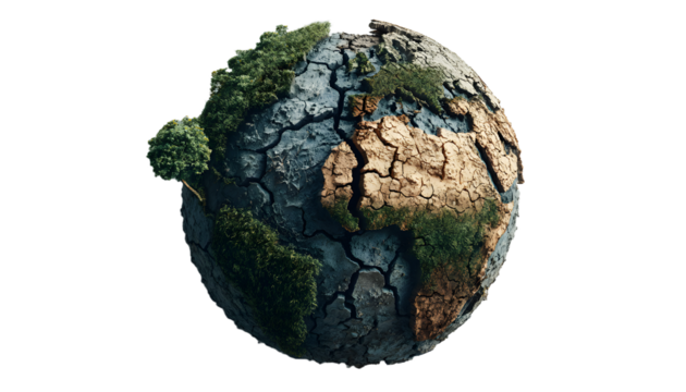 Visual of global challenges one half green, arid cracked earth. Environmental issues climate change, drought, global warming. Concept of sustainability, ecology, nature, earth, conservation