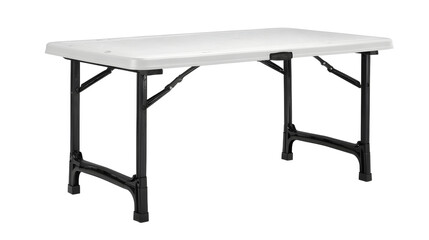 simple plastic folding table with flat front view, featuring white top and black legs, perfect for various indoor and outdoor activities