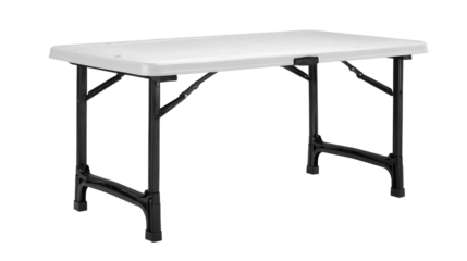 simple plastic folding table with flat front view, featuring white top and black legs, perfect for various indoor and outdoor activities