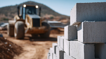 Stack of grey cinder blocks in materials yard, dusty edges and chipped corners visible, bulldozer in soft blur