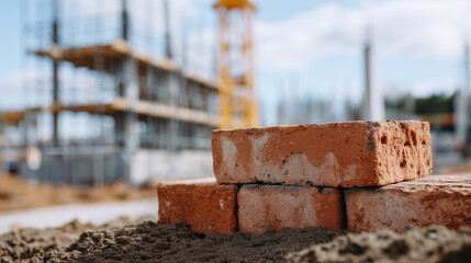 Close-up of red clay bricks with rough surfaces, set on ground at construction site with scaffolding blurred behind