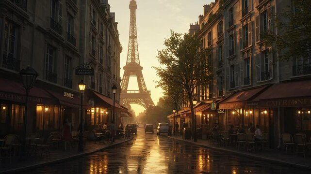 Paris Street Scene: Eiffel Tower Cafes Golden Hour Cinematic View.