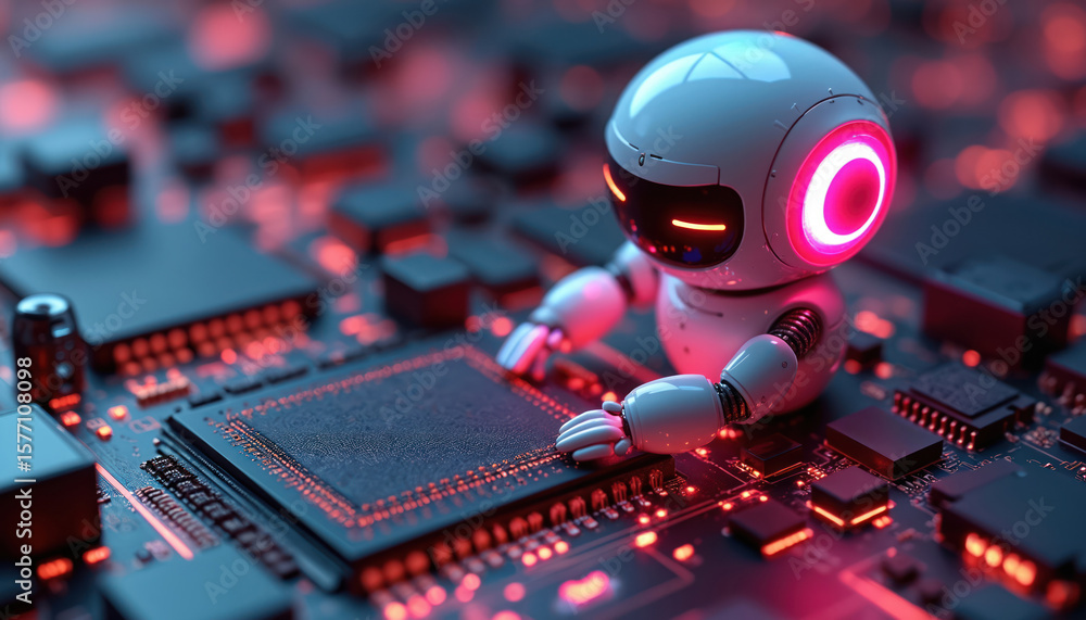 Poster white robot with blue accents and pink head in dark blue background with hints of red and black. rob