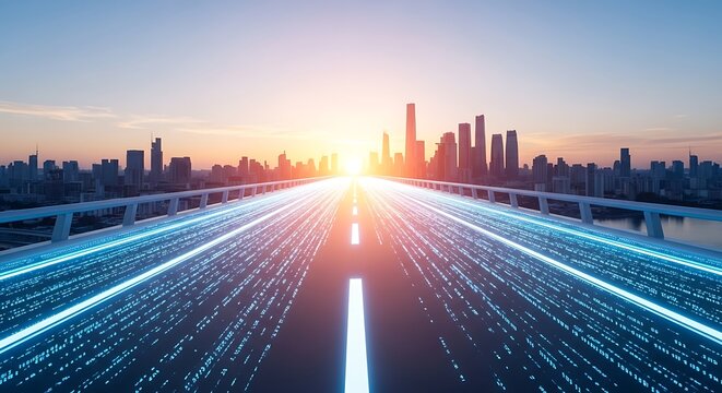 Futuristic city road with digital lines at sunrise