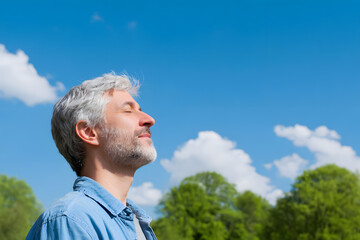 Calm mature man with closed eyes meditates in nature. Ideal for wellness, mindfulness, emotional healing, and mental clarity visuals.