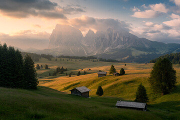Alpe di Siusi at a magical sunrise in the Dolomites