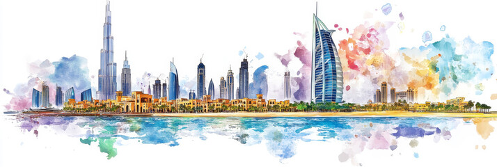 Dubai Skyline Watercolor Painting - Vibrant watercolor painting of Dubai's iconic cityscape, symbolizing modern architecture, luxury, tourism, culture, and progress.