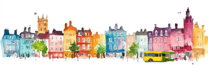 Dublin Street Scene Watercolor - Vibrant watercolor Dublin cityscape, showcasing colorful buildings, lush greenery, a charming bus, and a peaceful atmosphere.