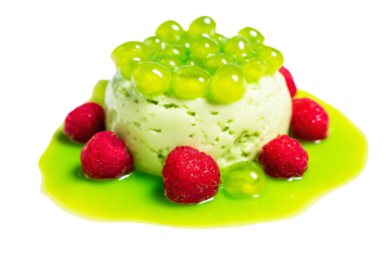 a dessert with raspberries and green sauce