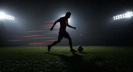 Naklejka premium Dynamic silhouette of a soccer player dribbling under stadium lights at night with motion blur.