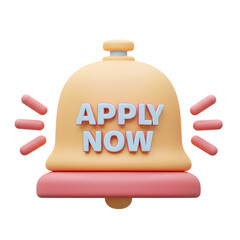 A yellow and pink bell displays the message Apply Now, suggesting an urgent call to action for application submissions.