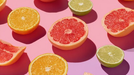 Vibrant Composition of Tropical Fruit Halves Displayed on a Bright Pink Backdrop With Clear Upper Zone for a Fresh, Summery Feel