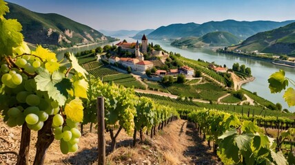 A sun-drenched vineyard in the Wachau Valley, Lower Austria, with ripe green grapes hanging in clusters from lush vines, backed.