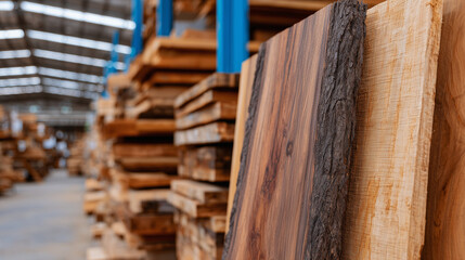 Wooden door slabs leaned vertically in materials store, grain pattern and hardware prep holes in detail, background soft focus