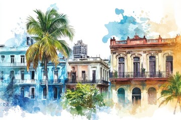 Havana Watercolor Streetscape - Vibrant watercolor painting of Havana, Cuba, showcasing colonial architecture, palm trees, and a tropical atmosphere.